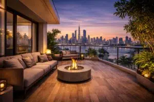 Modern apartment balcony renovation in Dubai with outdoor seating and city view.