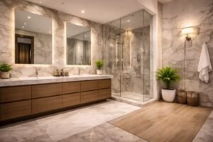 Luxury bathroom renovation in Dubai apartment with modern vanity and walk-in shower.