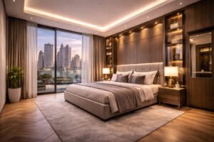 Luxury apartment bedroom renovation in Dubai with modern lighting and custom wardrobe.