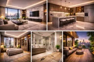 SPC flooring installation in modern Dubai apartment renovation project.