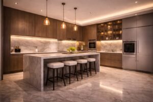 Modern apartment kitchen renovation in Dubai with custom cabinets and marble countertop.