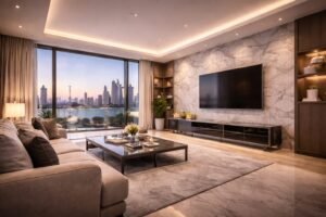Modern luxury apartment living room renovation in Dubai with marble flooring, TV wall design and modern lighting.
