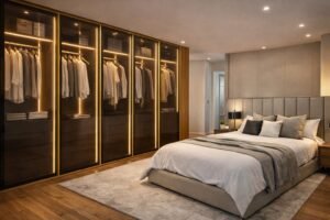 luxury bedroom wardrobe tinted brown glass gold aluminum LED Dubai