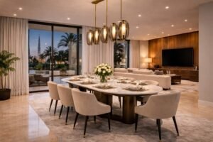 modern dining area renovation Dubai marble table gold lighting