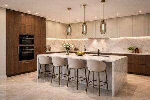 modern kitchen renovation Dubai marble countertop wood cabinets