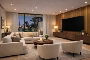 modern living room renovation Dubai wood panel wall luxury interior