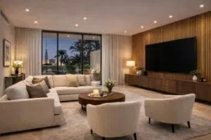 modern living room renovation Dubai wood panel wall luxury interior
