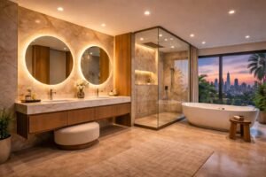 luxury bathroom renovation Dubai with walk-in shower, bathtub, double vanity, and modern design