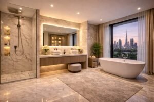 Luxury bathroom renovation in Dubai villa with walk-in shower, bathtub and modern marble design.