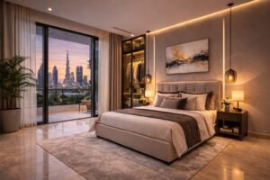 Luxury master bedroom in renovated Dubai villa with modern interior design and elegant lighting.