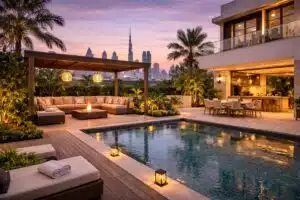 Luxury modern villa renovation in Dubai with outdoor swimming pool, terrace seating area and skyline view.