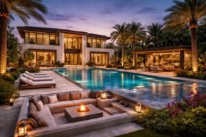 luxury villa backyard Dubai with swimming pool, outdoor seating, gazebo, and landscaped garden