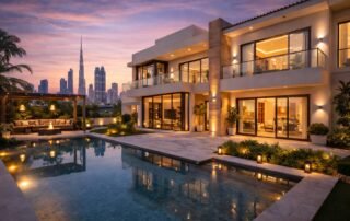 Luxury modern villa exterior after renovation in Dubai with contemporary architecture and elegant