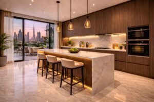 Modern luxury kitchen renovation in Dubai villa with marble countertop, wooden cabinets and LED