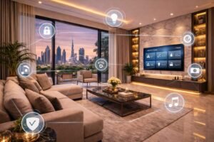 Luxury smart living room in a modern renovated Dubai villa with marble wall, smart lighting, large TV wall and skyline view.