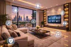 Luxury smart living room in a modern renovated Dubai villa with marble wall, smart lighting, large TV wall and skyline view.