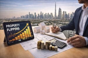 A real estate investor planning a property flipping strategy with a view of the Dubai skyline, Burj Khalifa, and a tablet showing a growth chart.