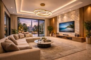 luxury living room villa renovation Dubai with marble flooring, modern sofa, TV wall, and ambient lighting