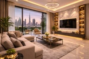 Luxury smart living room in renovated Dubai villa with marble wall, smart lighting and modern furniture.