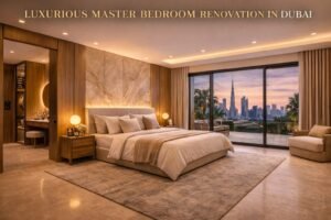 luxury master bedroom renovation Dubai with panel wall, king bed, soft lighting, and elegant design