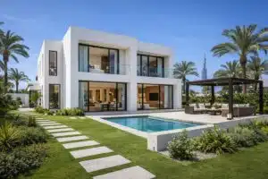 modern villa exterior renovation Dubai white facade day view