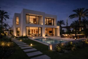 modern villa exterior Dubai night view luxury lighting