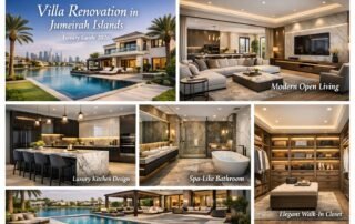 Luxury villa renovation Jumeirah Islands featuring modern open living room, spa-like bathroom, and designer kitchen.