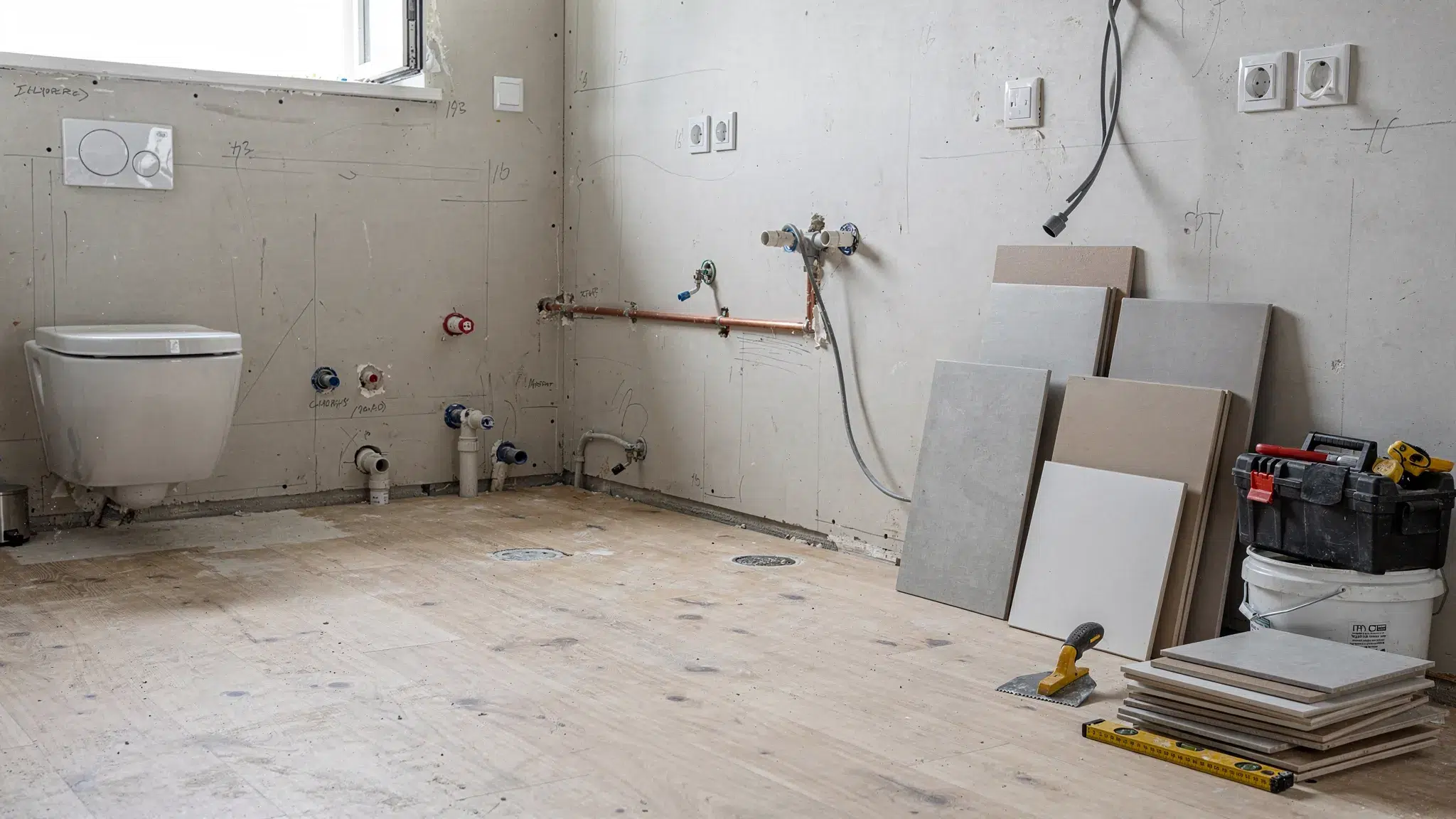 A modern bathroom under renovation with the exposed subfloor prepared for waterproofing, neatly arranged plumbing points, stacked tile samples and renovation tools placed to one side.