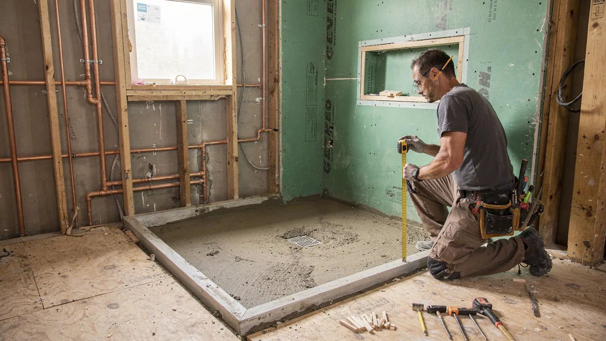 A partially renovated bathroom showing exposed plumbing lines, waterproofed shower walls, floor drain placement and a contractor checking measurements before tiling.