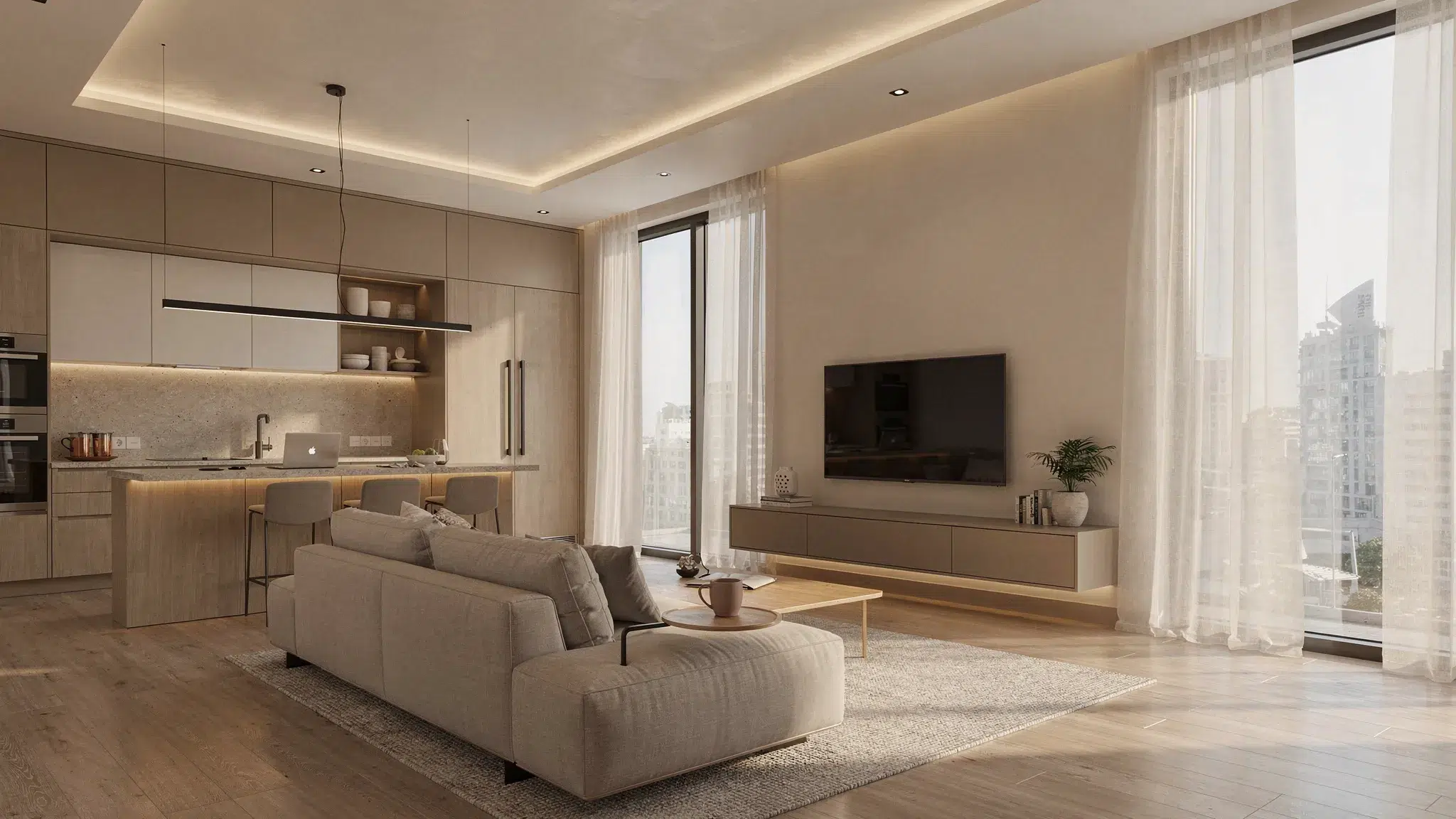 A renovated Dubai apartment living area with layered lighting, built-in storage, warm neutral finishes, large windows with sheer curtains, and an open kitchen designed for efficient daily living.