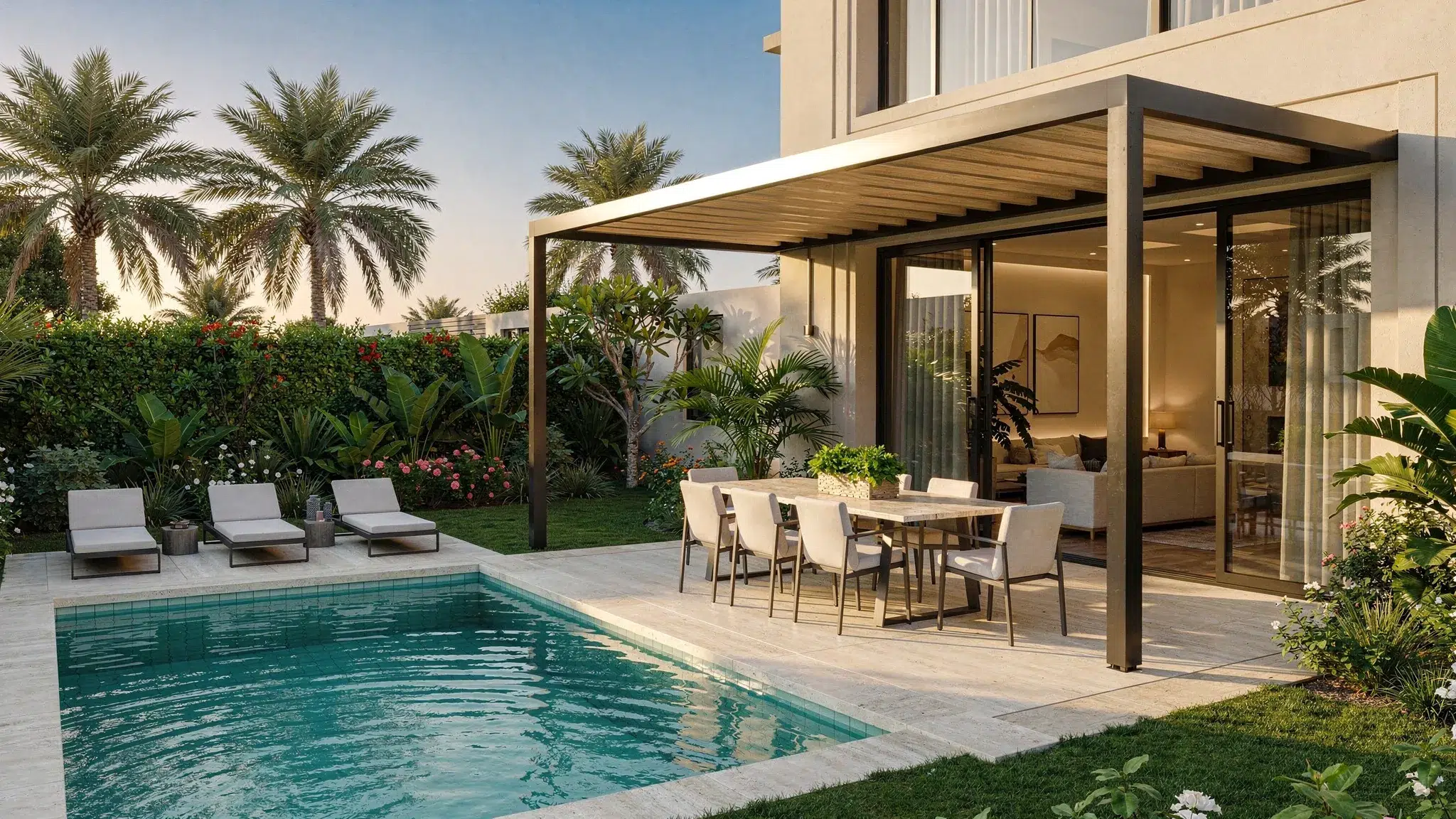 A renovated Dubai villa garden with a shaded patio, outdoor dining area, pool deck, greenery, and large glass doors connecting the indoor living room to the outdoor space.