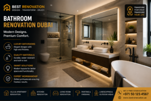 Luxury bathroom renovation Dubai with walk in shower, modern vanity, and marble interior design