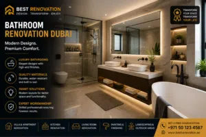 Luxury bathroom renovation Dubai with walk in shower, modern vanity, and marble interior design