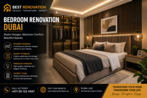 Bedroom renovation Dubai with modern interior design, custom wardrobe, and luxury lighting