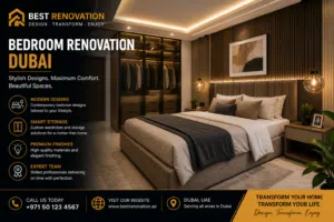 Bedroom renovation Dubai with modern interior design, custom wardrobe, and luxury lighting