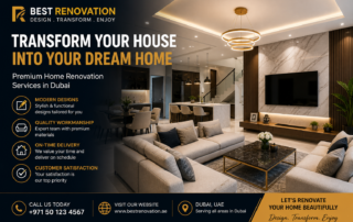 Home renovation Dubai featuring modern living room design with luxury interior and open kitchen layout