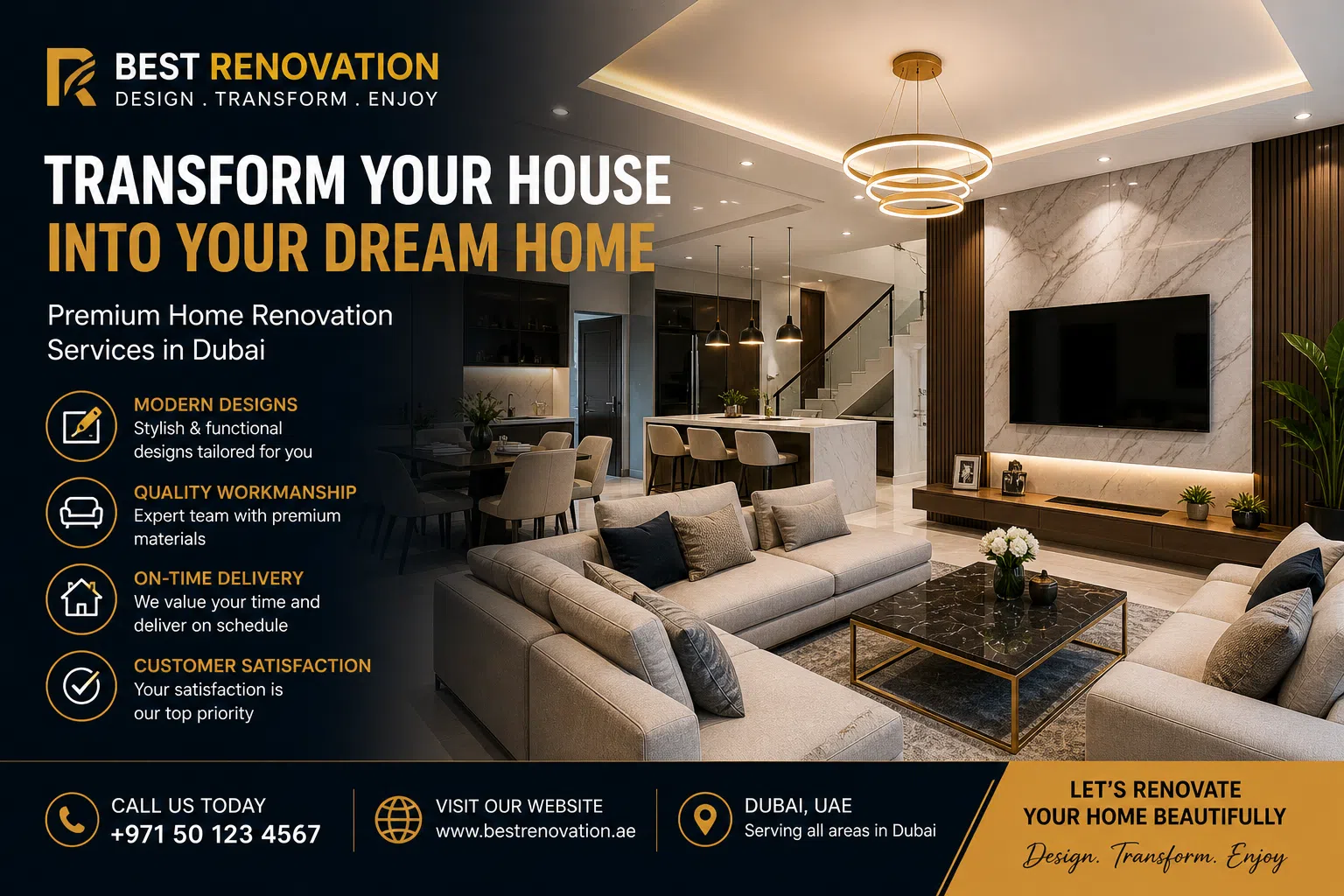 Home renovation Dubai featuring modern living room design with luxury interior and open kitchen layout