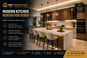 Modern kitchen renovation Dubai with island counter, marble countertop, and luxury interior design