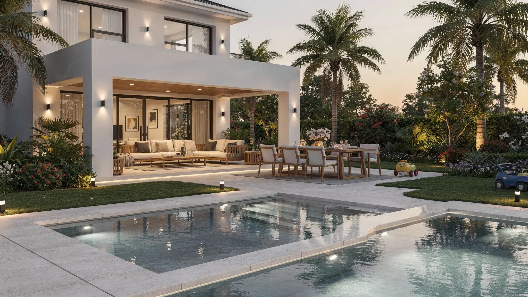 Luxury Dubai villa garden designed for family use with a shaded patio, outdoor dining area, pool safety edge, and soft evening lighting.