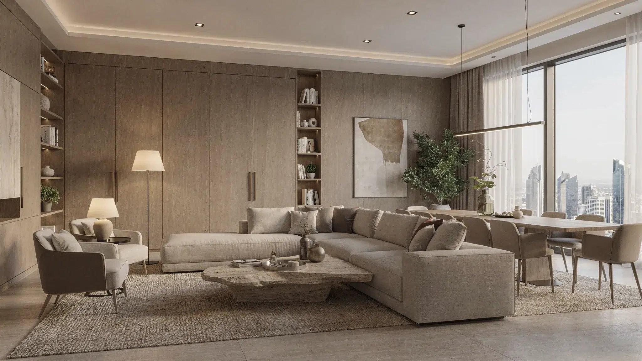 Luxury family villa interior in Dubai with an open living area, connected dining space, quiet reading corner, and practical storage integrated into elegant wall panels.