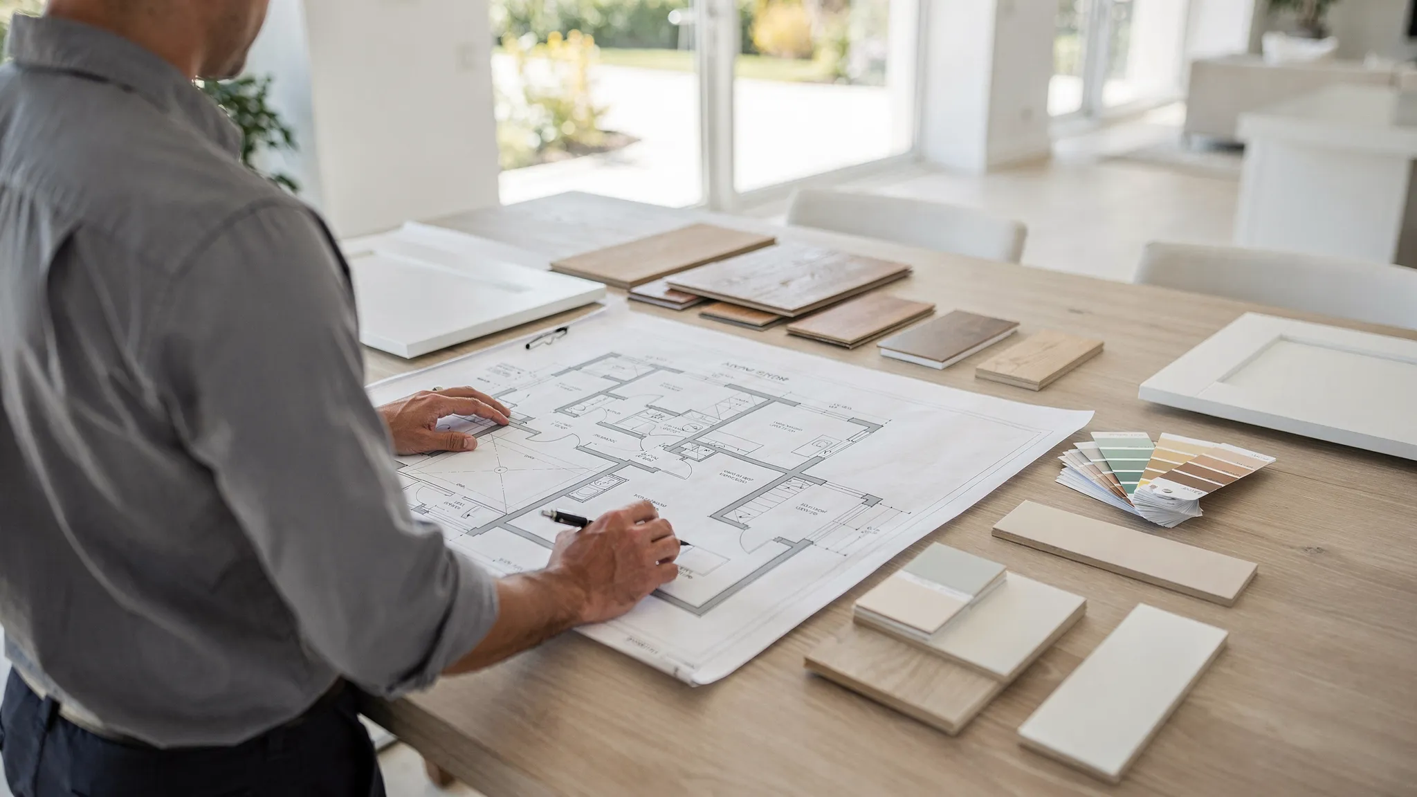 Medium over-the-shoulder view of a contractor reviewing printed renovation plans on a bright villa interior table, with flooring samples, paint swatches and cabinetry samples arranged beside the plans.