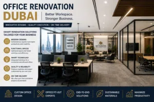 Office Renovation Dubai modern office design with glass partitions and workspace layout
