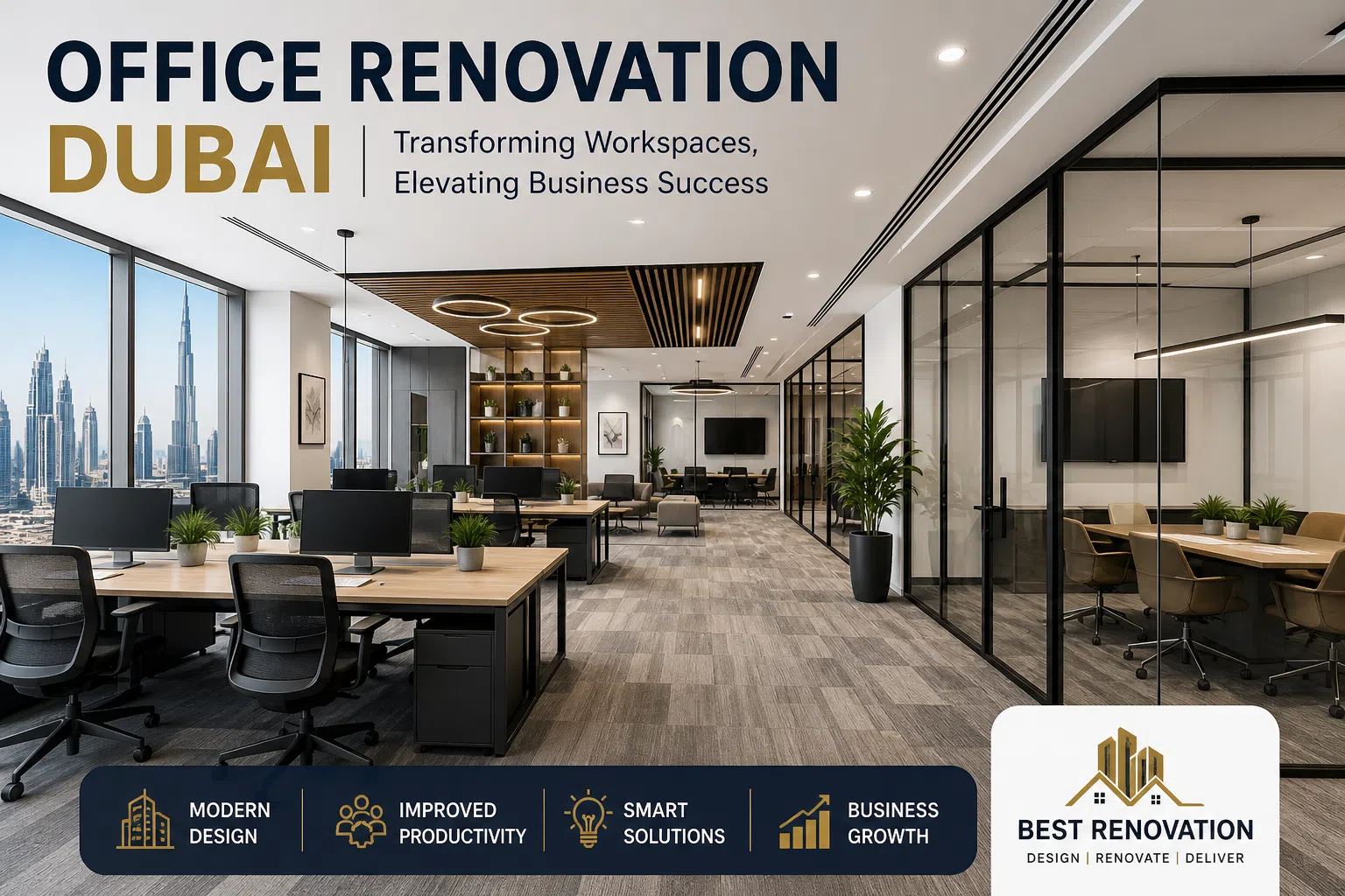 Office Renovation Dubai modern workspace design with glass partitions