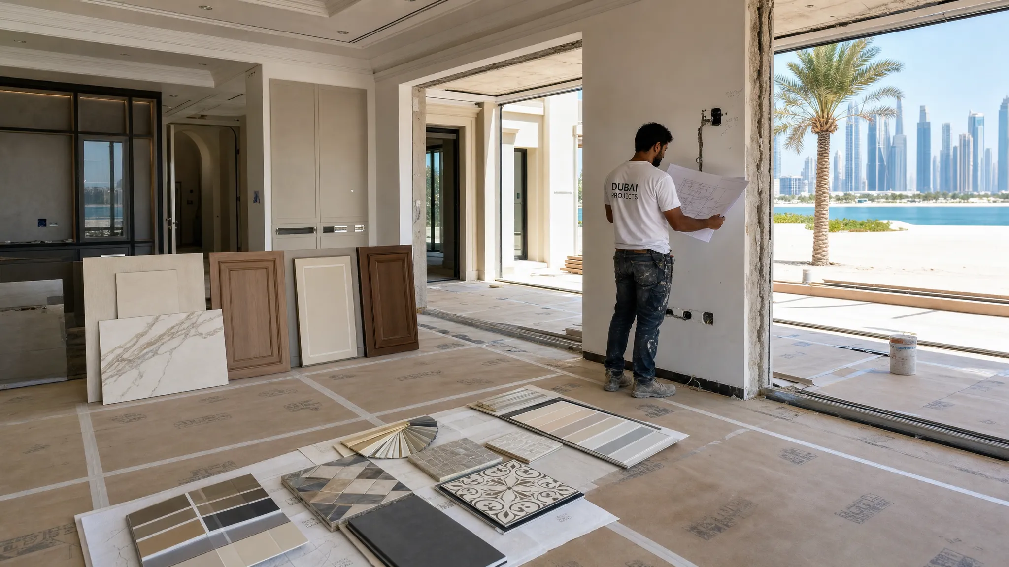 A bright Dubai villa living area under renovation, showing covered flooring, paint swatches, cabinet panels, sample tiles, and a contractor reviewing layout drawings near an open wall opening.