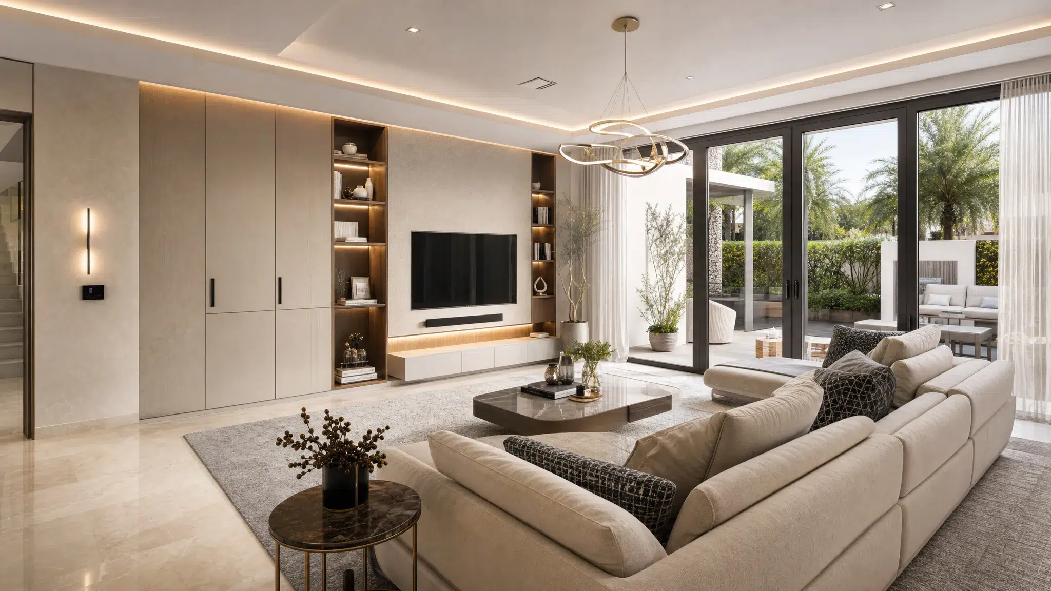 A bright Dubai villa living area with warm stone flooring, custom wall panels, layered ceiling lighting, a concealed storage wall, and glass doors opening to a landscaped terrace.