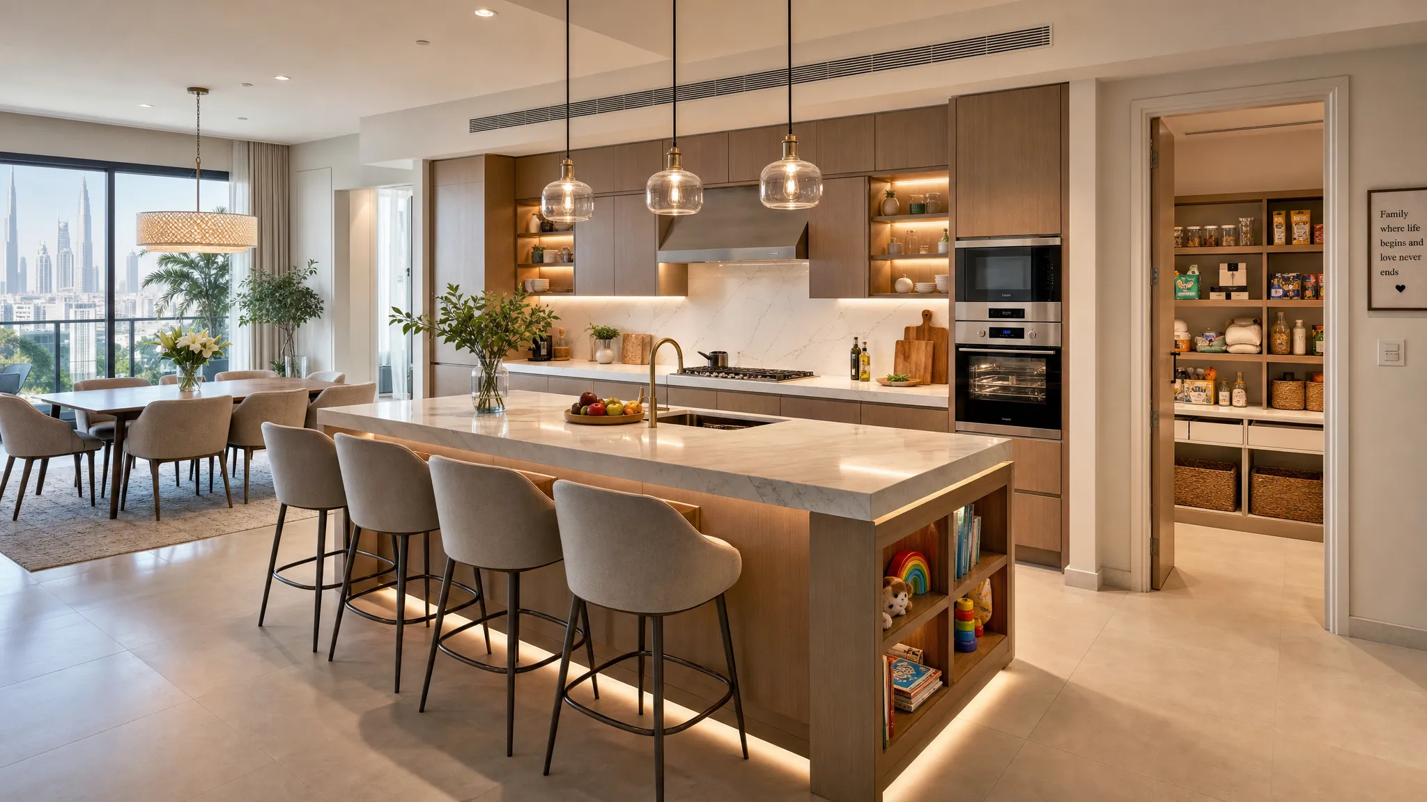 A bright family kitchen in Dubai with a large island, warm cabinetry, integrated appliances, pendant lights, child-friendly seating, and organized pantry storage connected to an open dining area.