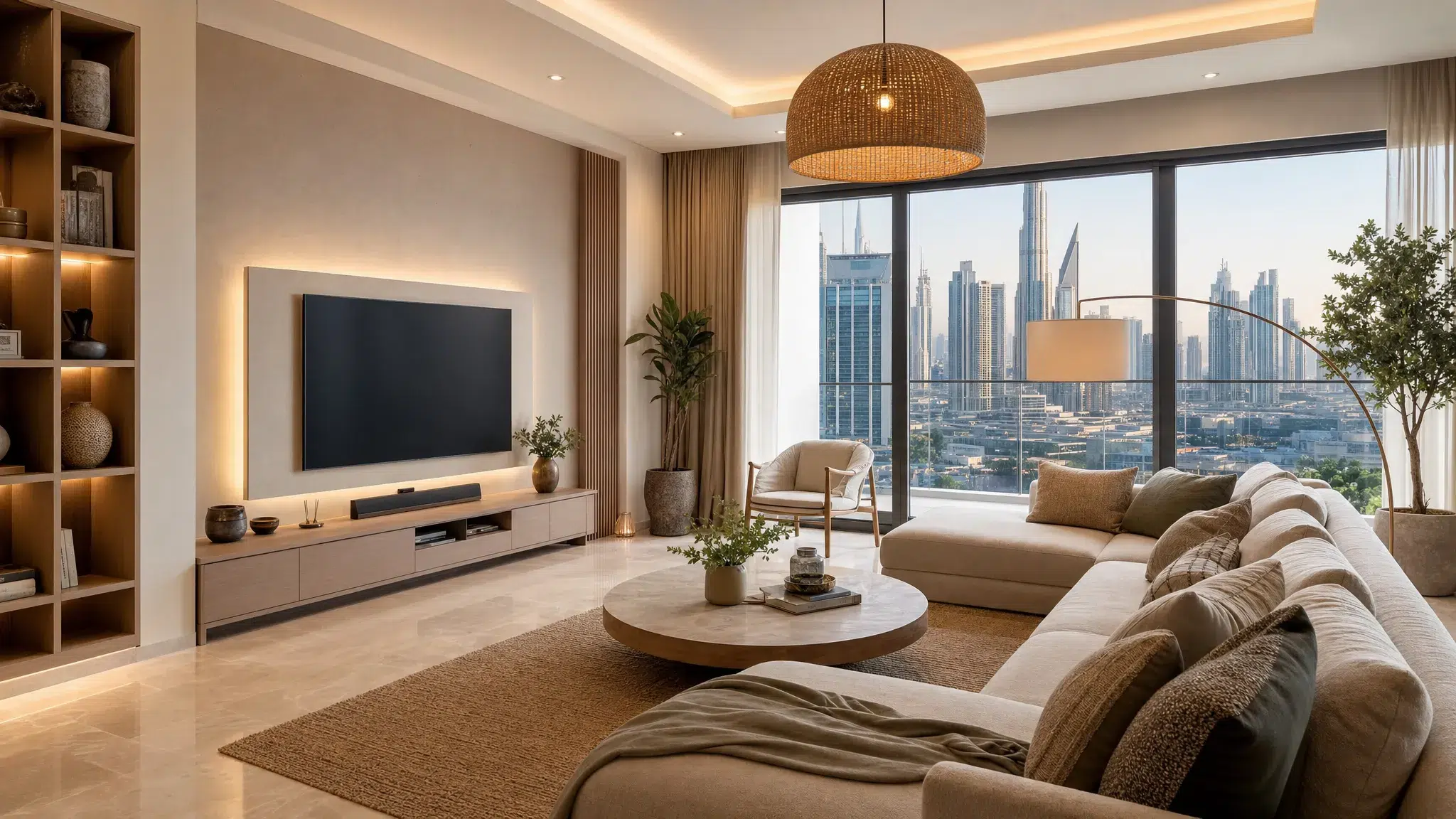 A bright modern Dubai living room with warm neutral walls, large-format stone flooring, layered lighting, built-in storage, and soft natural textures creating a calm renovated interior.