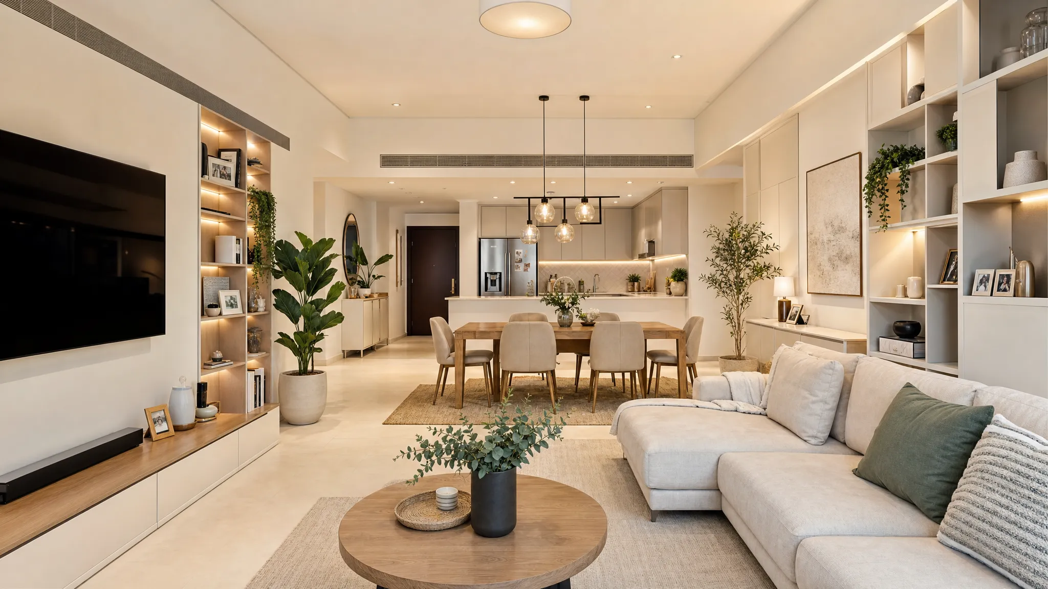 A bright renovated Dubai apartment living and dining area with built-in storage, warm lighting, neutral finishes, indoor plants, and an open view toward a functional kitchen designed for everyday family use.