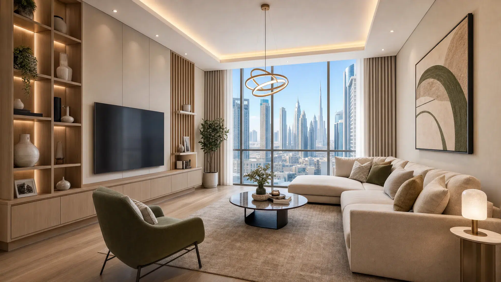 A bright renovated Dubai living room with neutral walls, wooden flooring, built-in storage, layered lighting, modern furniture and large windows overlooking an urban skyline.