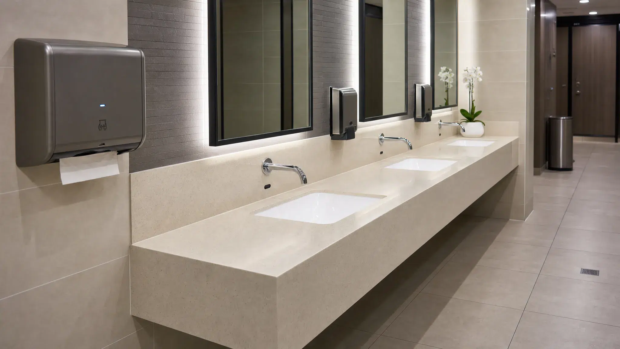 A close-up view of a commercial bathroom handwashing area with touchless sinks, wall-mounted fixtures, durable floor tiles, bright lighting and an easy-to-clean surface layout.